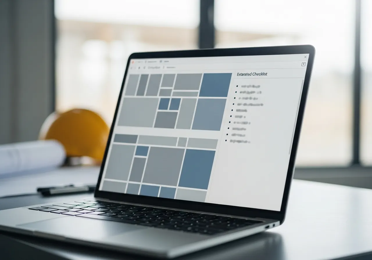 Close-up of a laptop screen showing structured spec output and a checklist