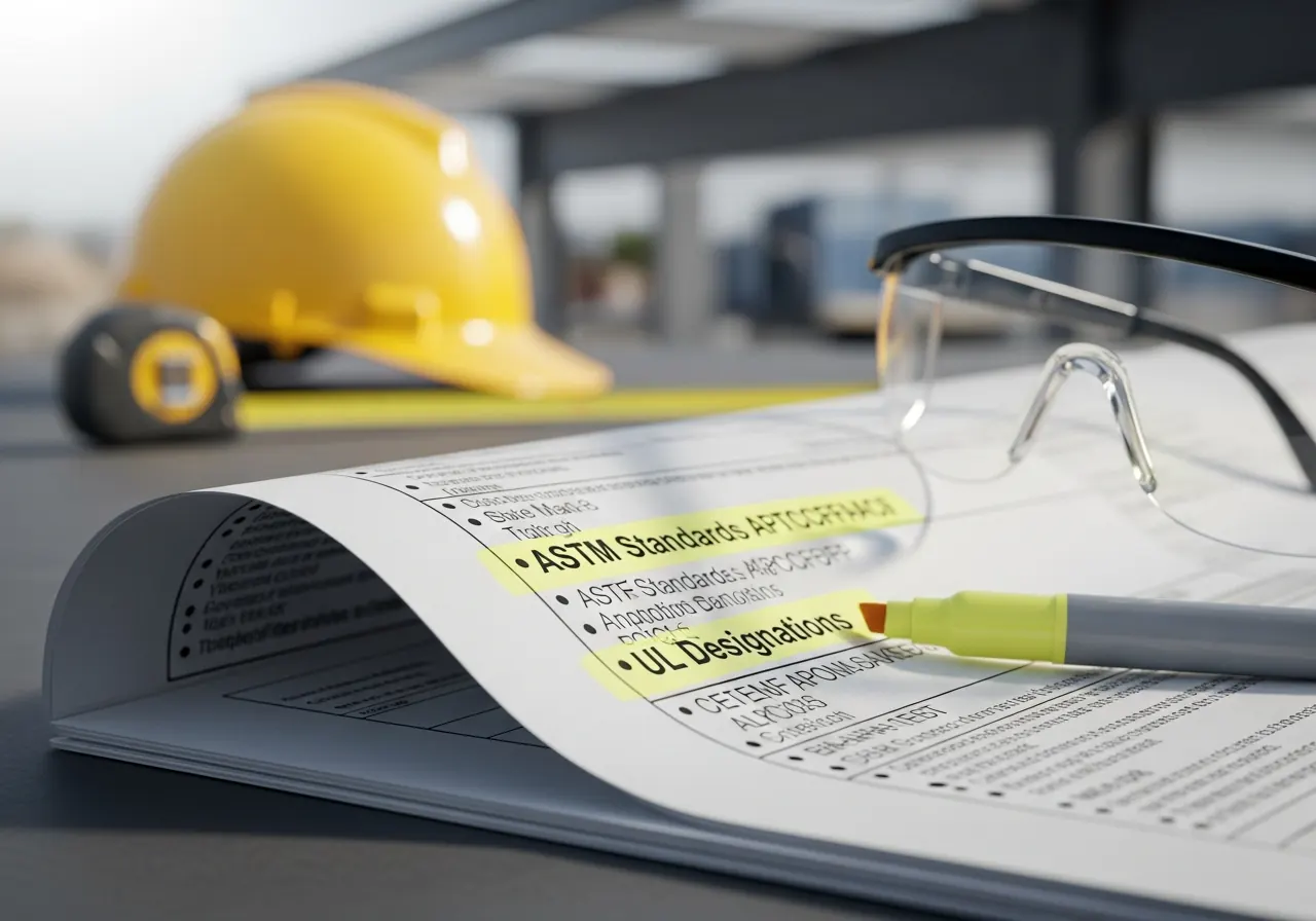 Close-up of a product data sheet with material standard designations highlighted