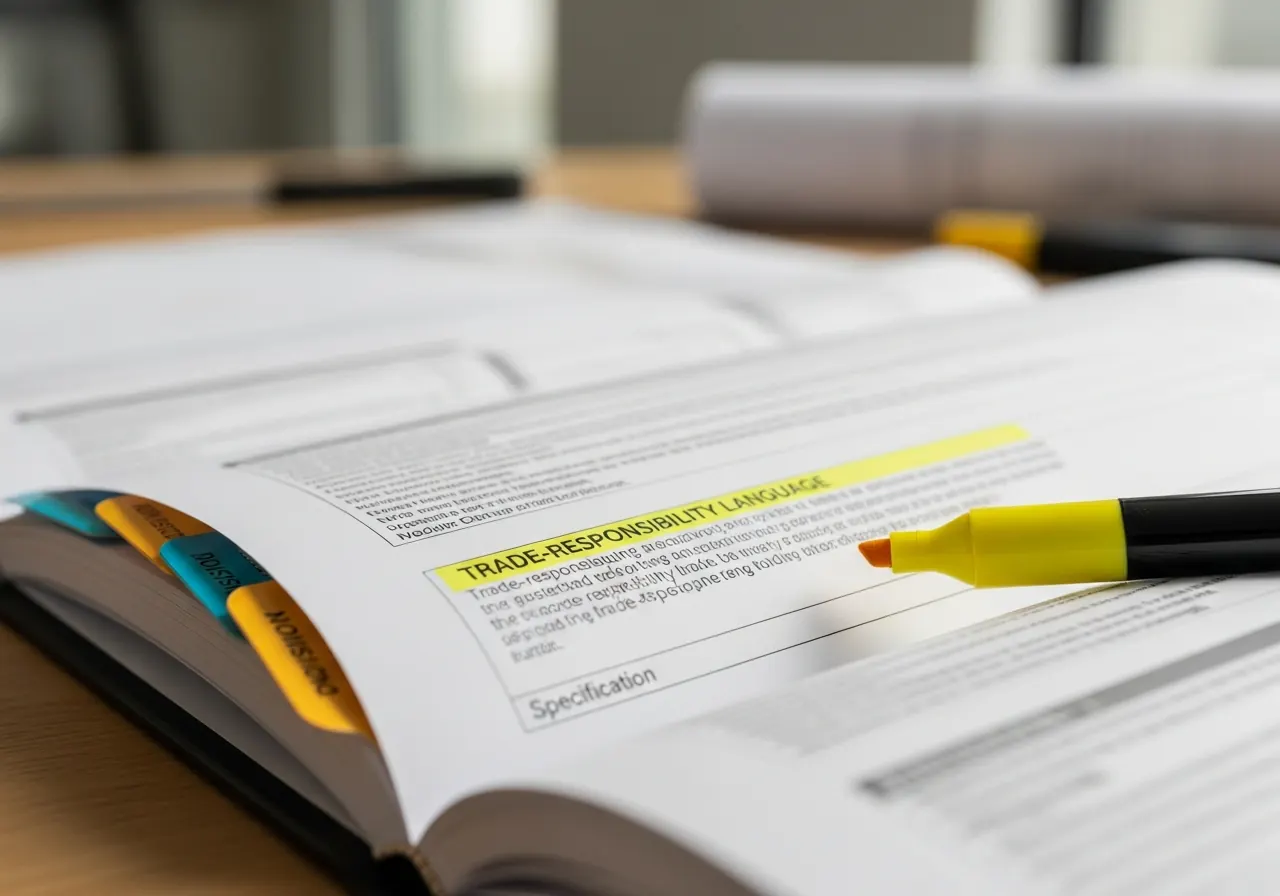 Close-up of spec pages with division tabs and highlighted trade-responsibility language