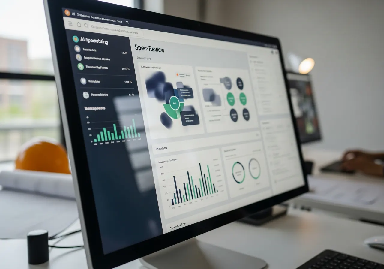 Close-up of a monitor showing an AI-driven spec-review dashboard