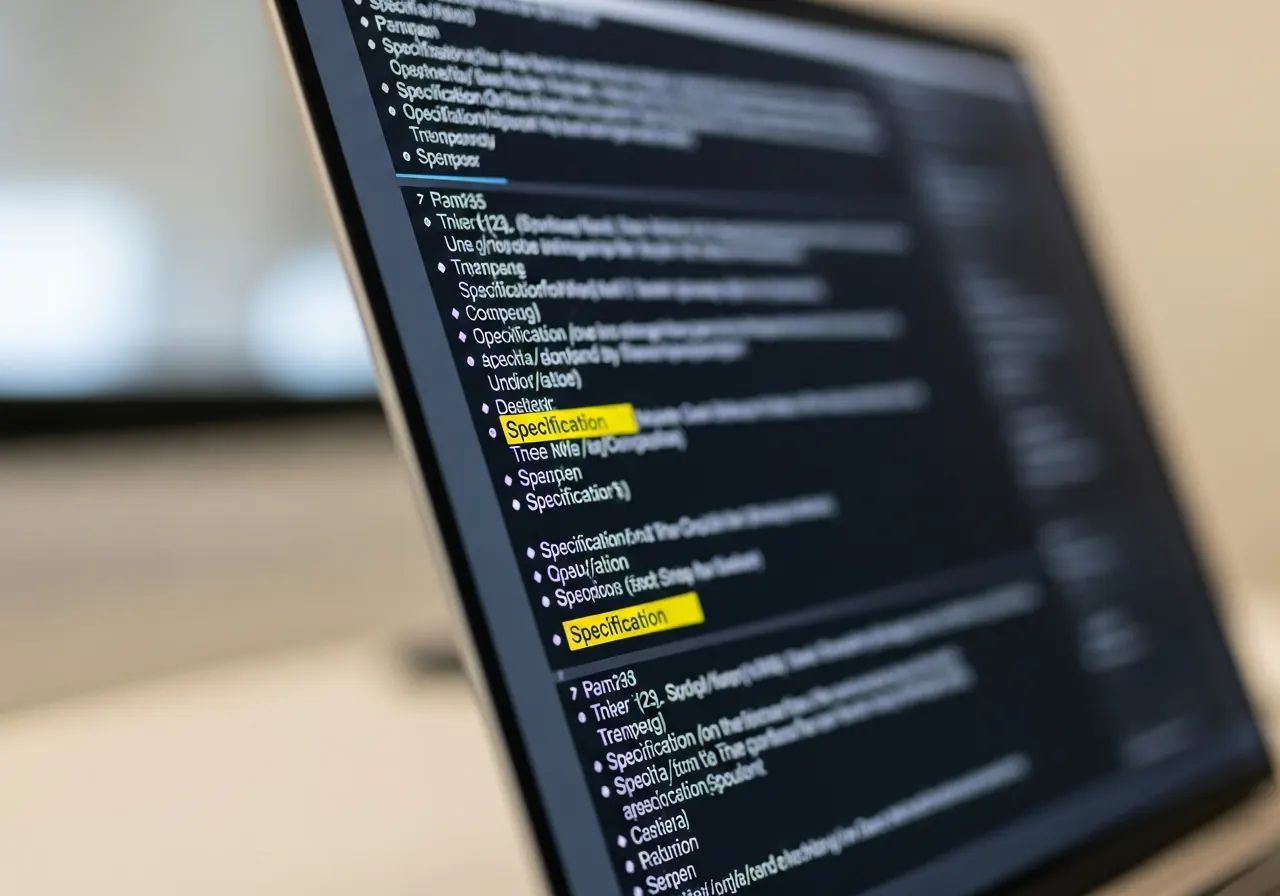 Close-up of a laptop screen parsing and highlighting spec text