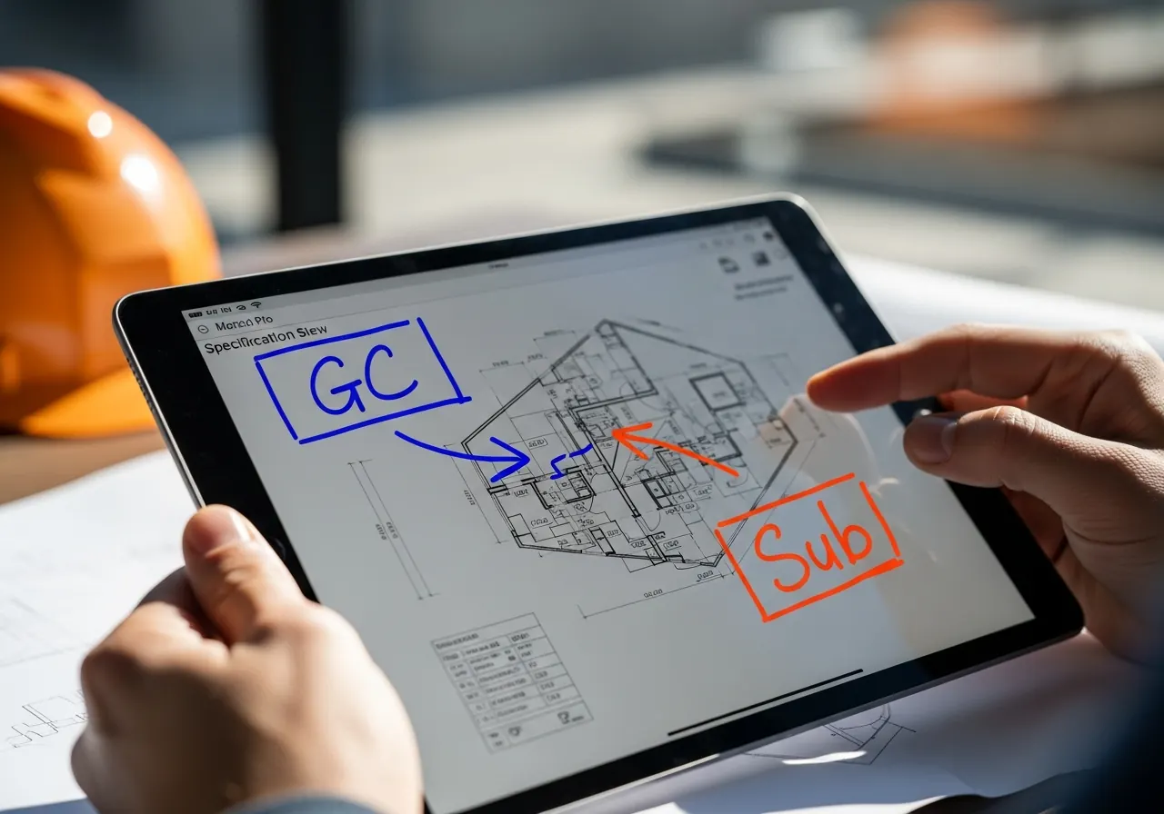 Close-up of a tablet showing shared digital spec data between GC and sub