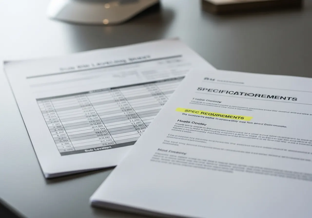 Close-up of a subcontractor bid leveling sheet against spec requirements