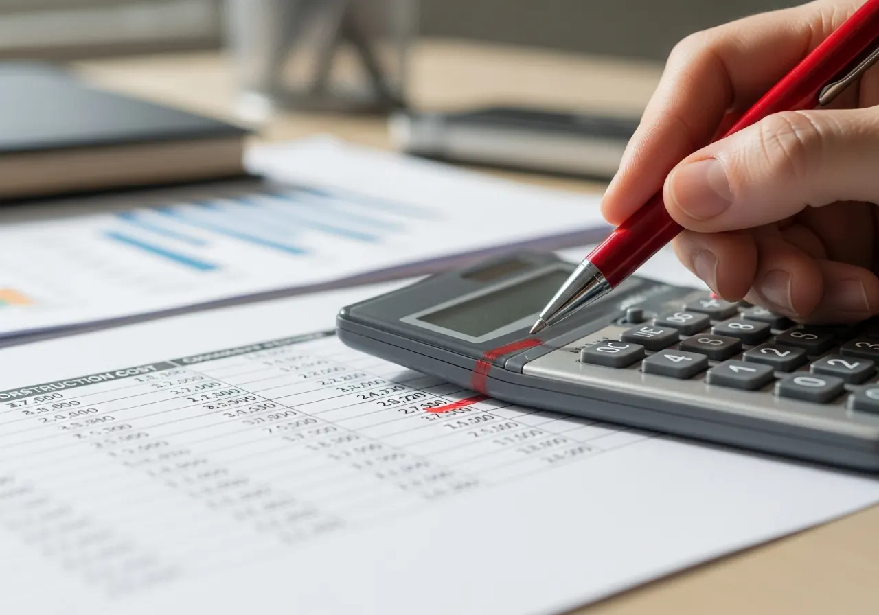 Close-up of construction cost paperwork with a calculator and red pen