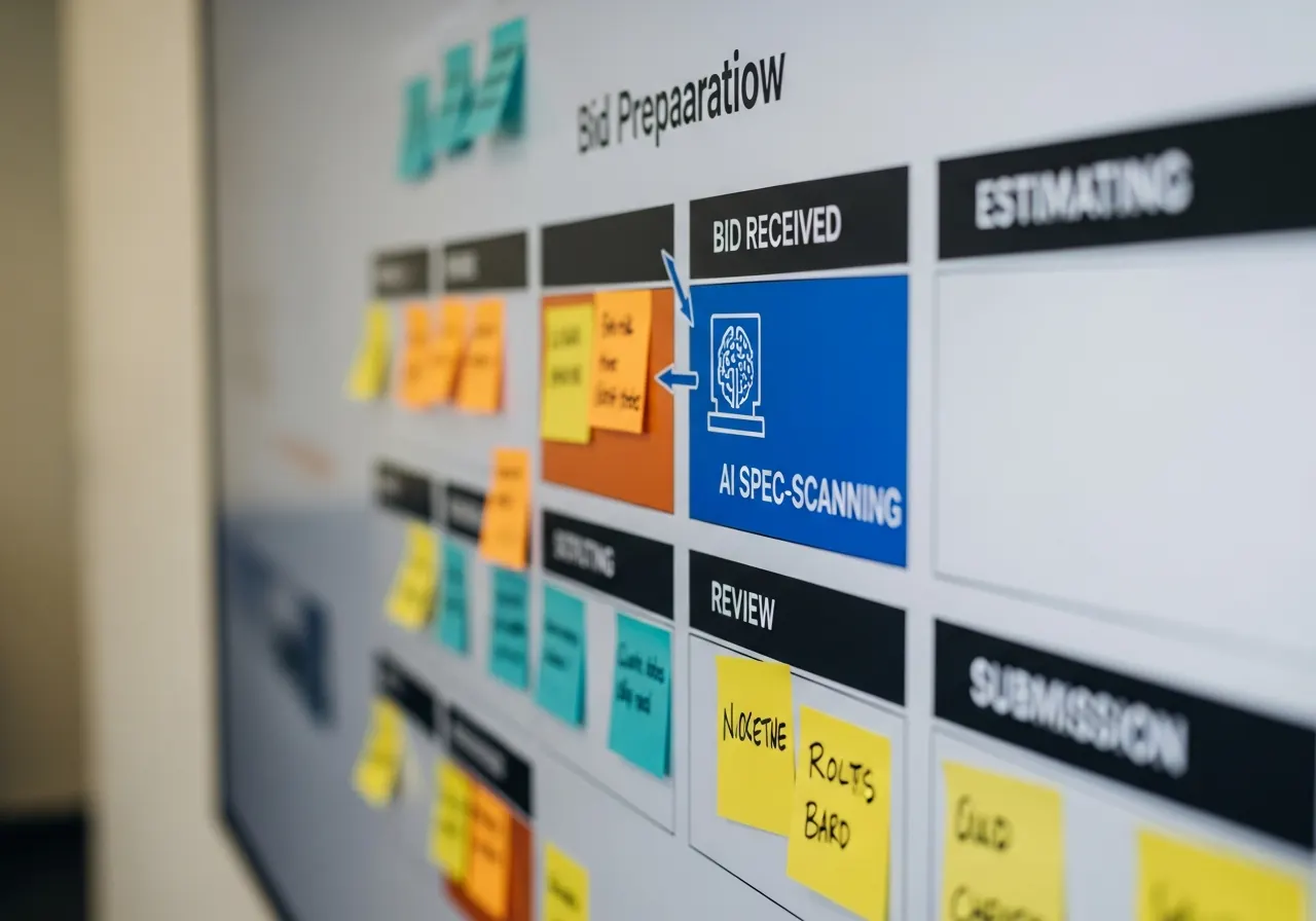 Close-up of a bid-prep workflow board with an AI spec-scanning step