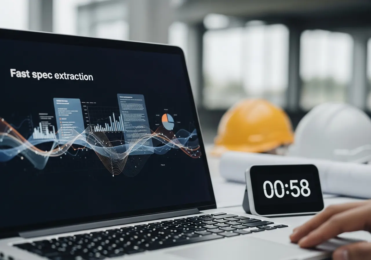 Close-up of a laptop showing fast spec extraction with a timer