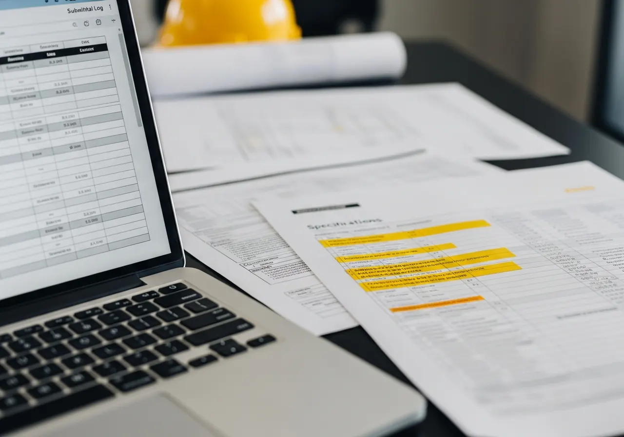 Close-up of a submittal log spreadsheet beside highlighted spec pages