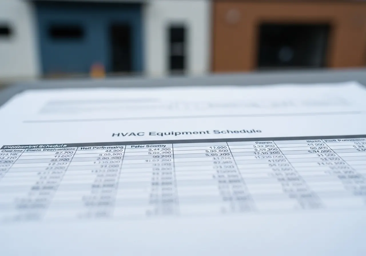 Close-up of an HVAC equipment schedule with performance data on a spec page