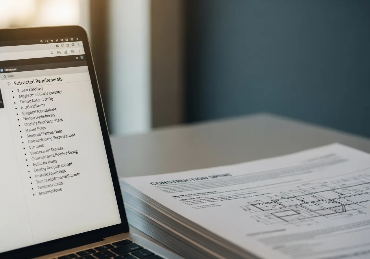 Close-up of a laptop showing an extracted requirements list beside a printed spec