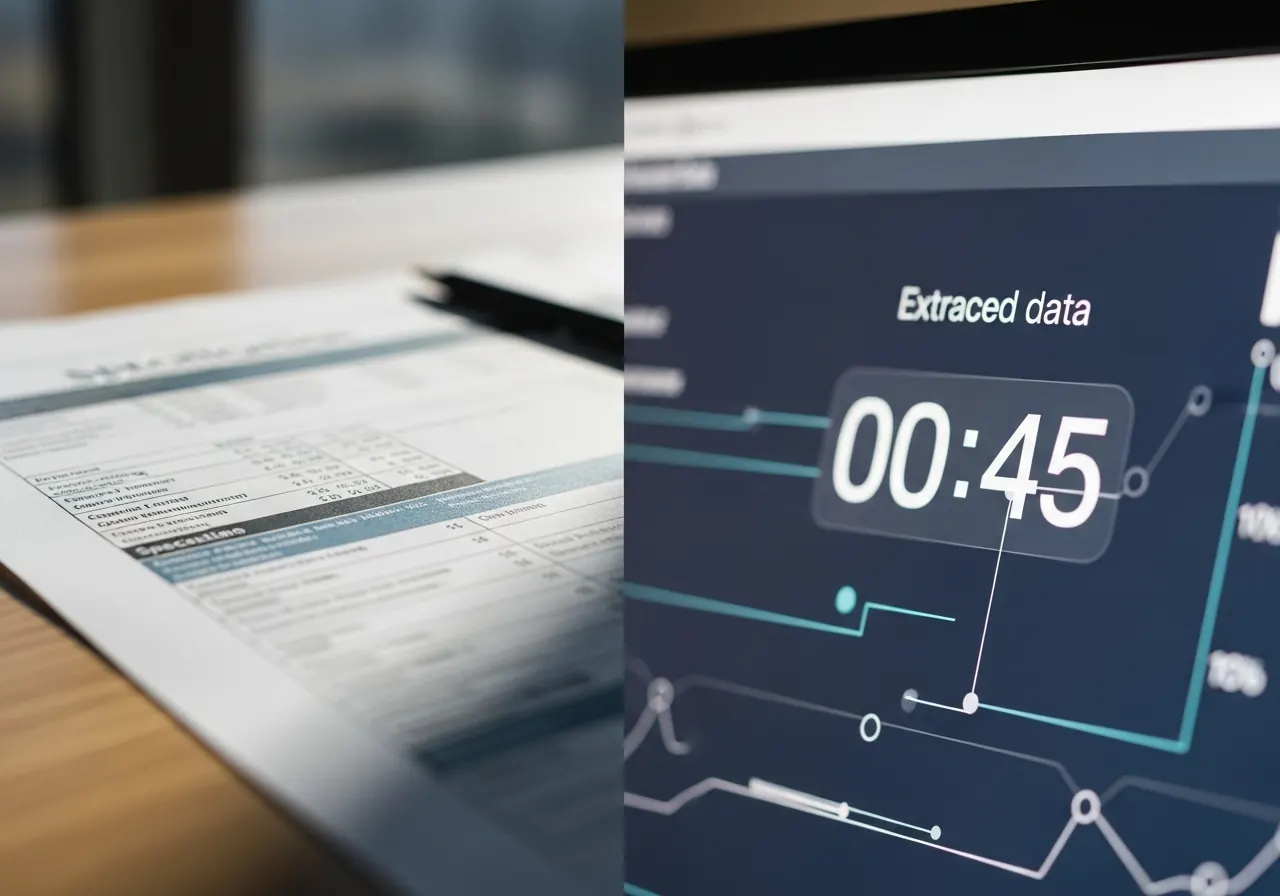 Close-up comparing a highlighted printed spec to on-screen extracted data with a timer