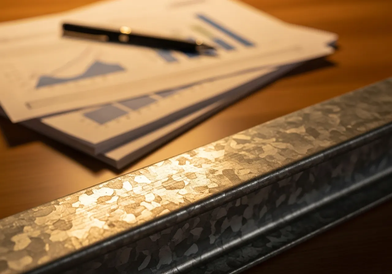 Close-up of a galvanized steel beam surface beside a stack of technical material test report documents