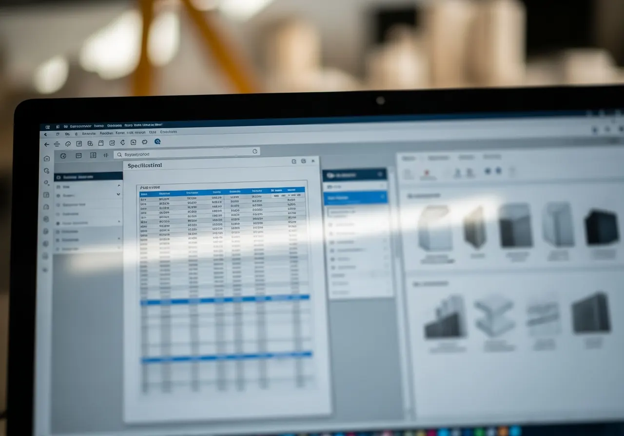 Close-up of a PDF spec page beside a digital spec tool on screen