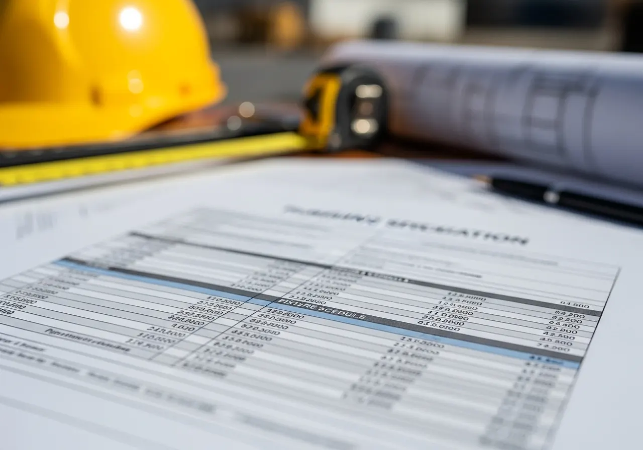 Close-up of a plumbing specification page with pipe material and fixture schedules