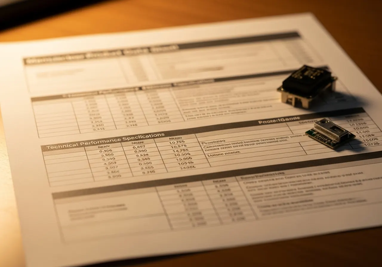Close-up of a manufacturer product data sheet with performance specification tables next to a product sample