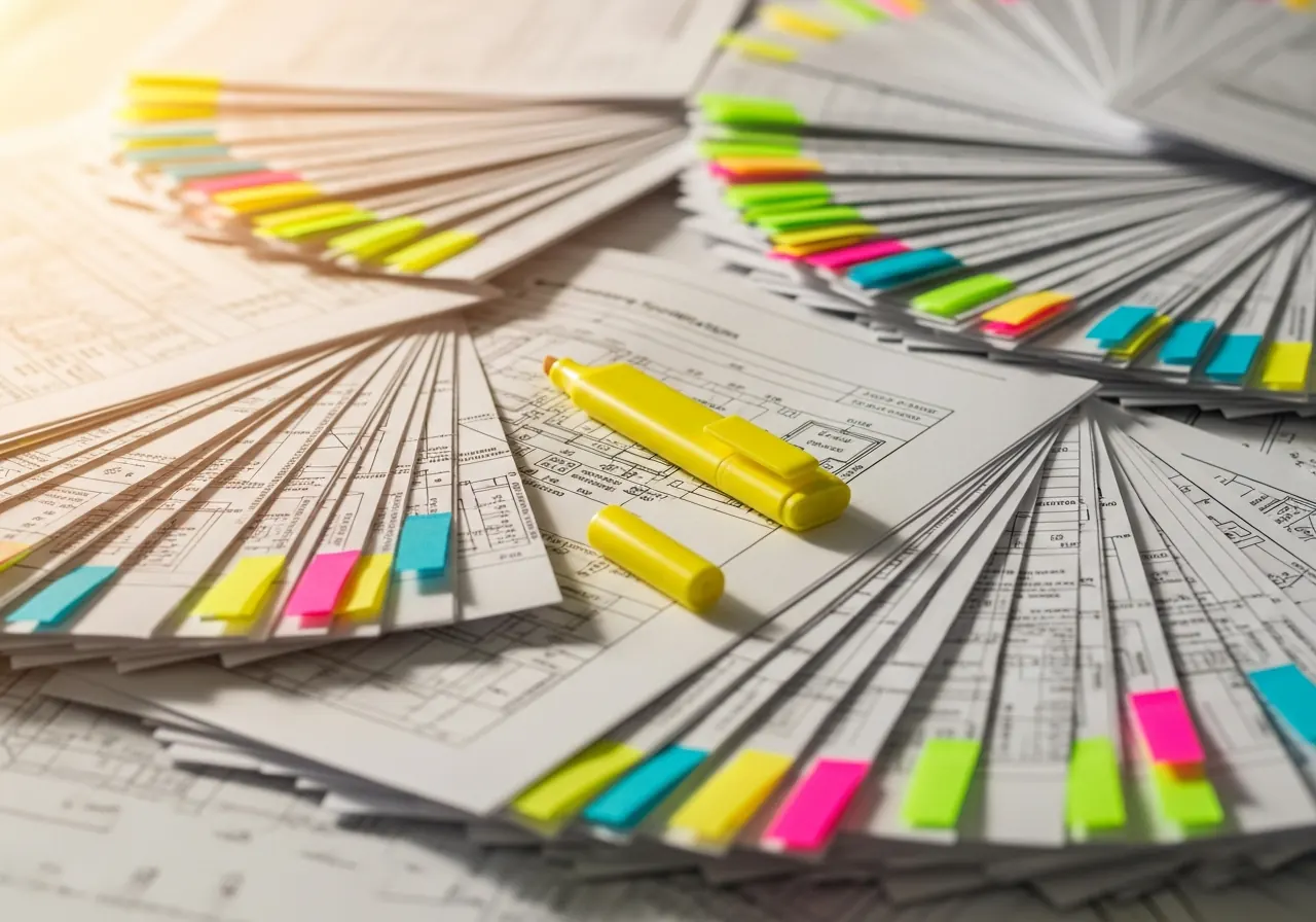 Close-up of dense specification pages covered with colored sticky-note tabs and a highlighter