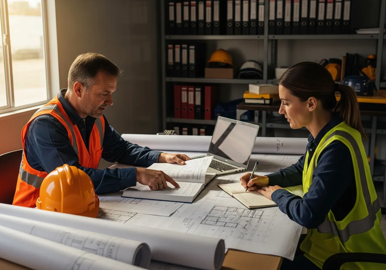 Two construction contractors reviewing an open spec book together over a table covered with drawings