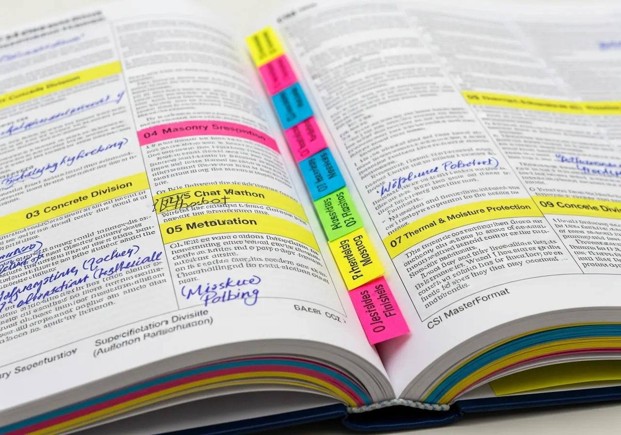 Close-up of a construction specification book with tabbed sections and highlighted passages