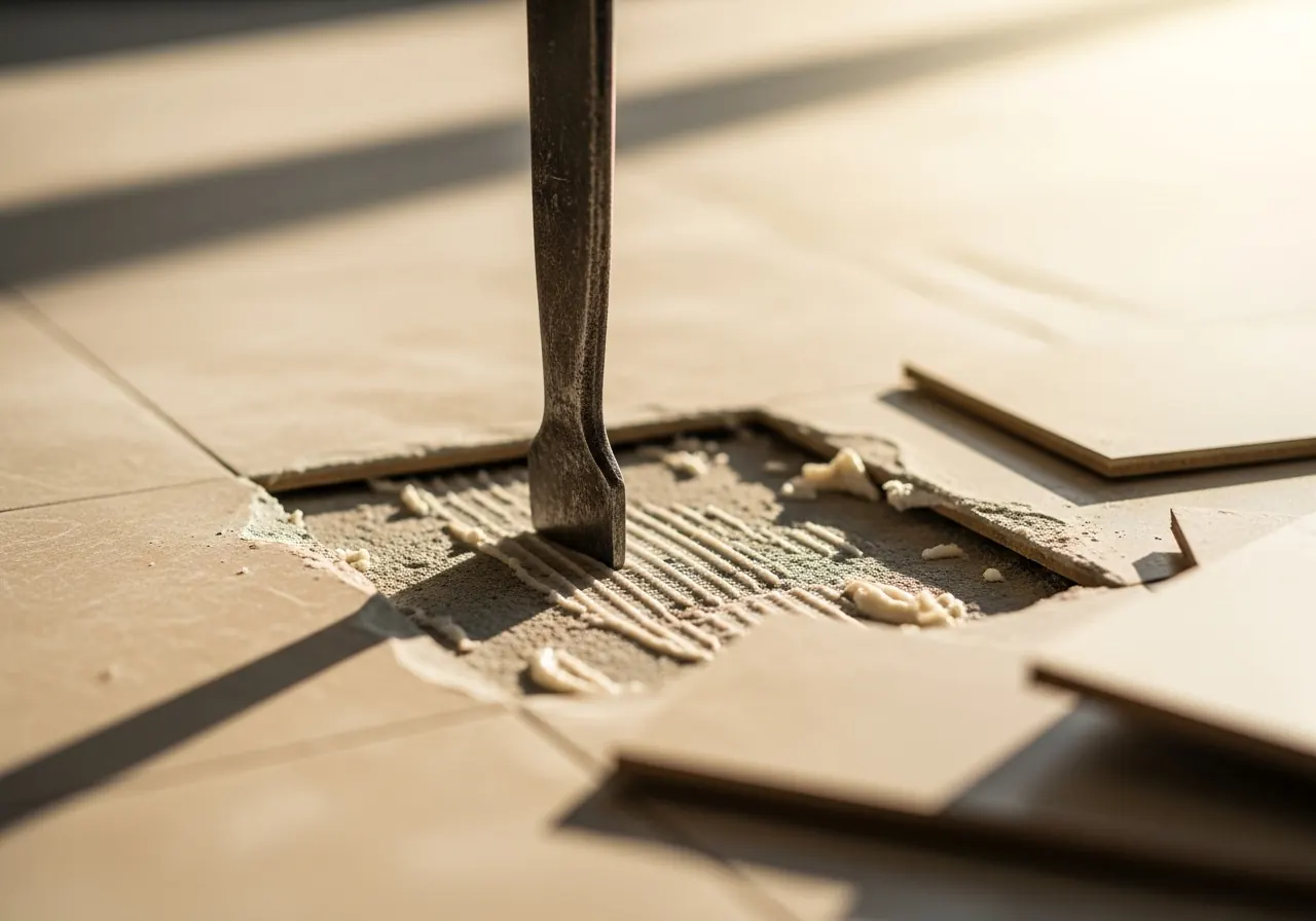 Close-up of partially torn-out commercial flooring being removed with a pry tool, exposed substrate visible