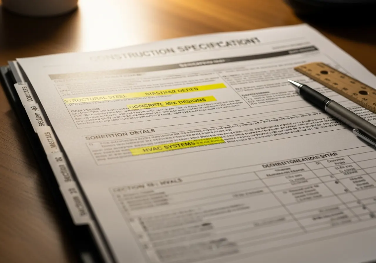 Close-up of an open construction specification section with highlighted passages and tabs