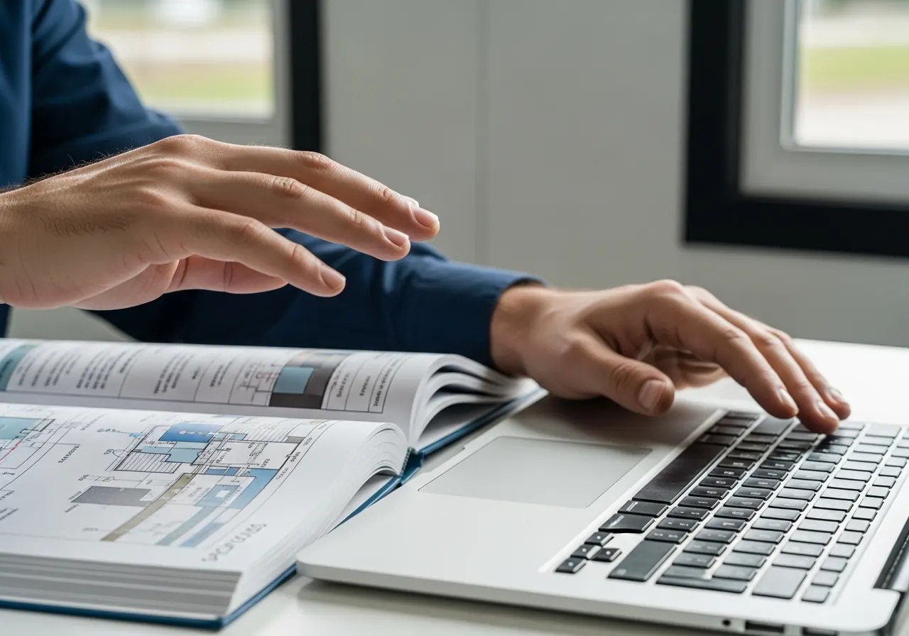 Close-up of hands choosing between a printed spec book and a laptop