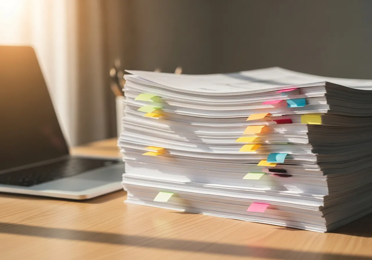 Neatly stacked construction shop drawings and submittal documents with colored sticky tabs beside a laptop