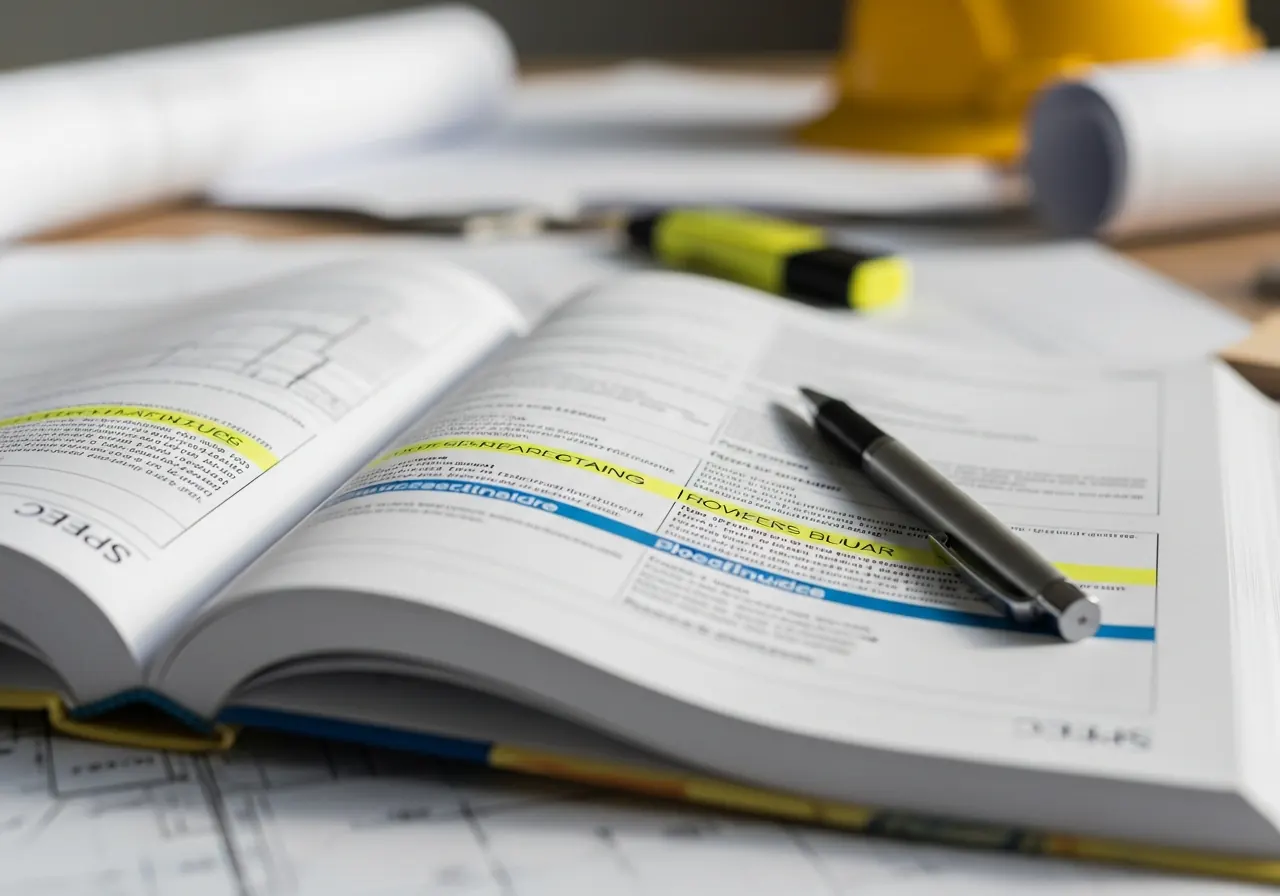 Close-up of a tabbed spec book with highlighted notes