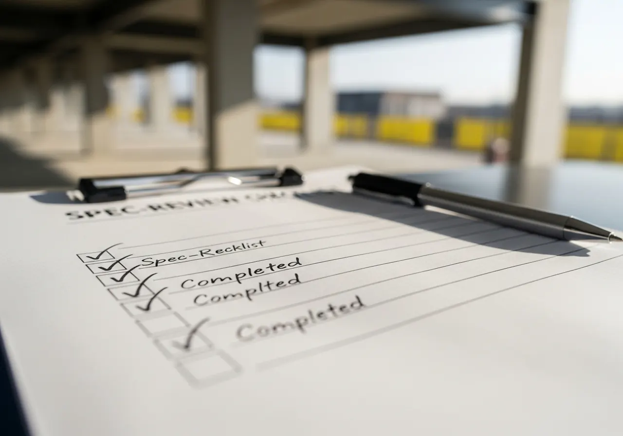 Close-up of a spec-review checklist with checked-off items