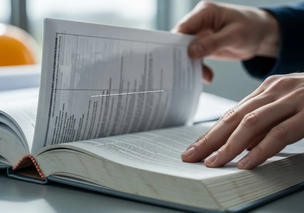 Close-up of fingers flipping through the pages of a dense product manual