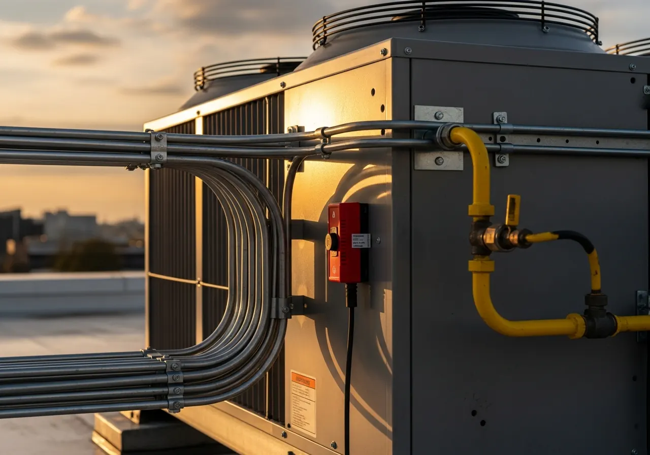 Close-up of a rooftop HVAC unit showing electrical conduit connections, a gas line, and a disconnect switch
