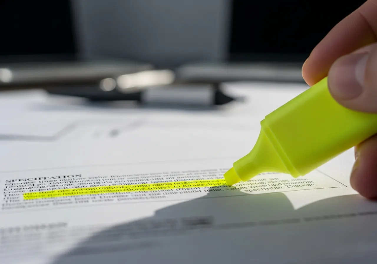 Close-up of a highlighter marking requirements on a printed specification page